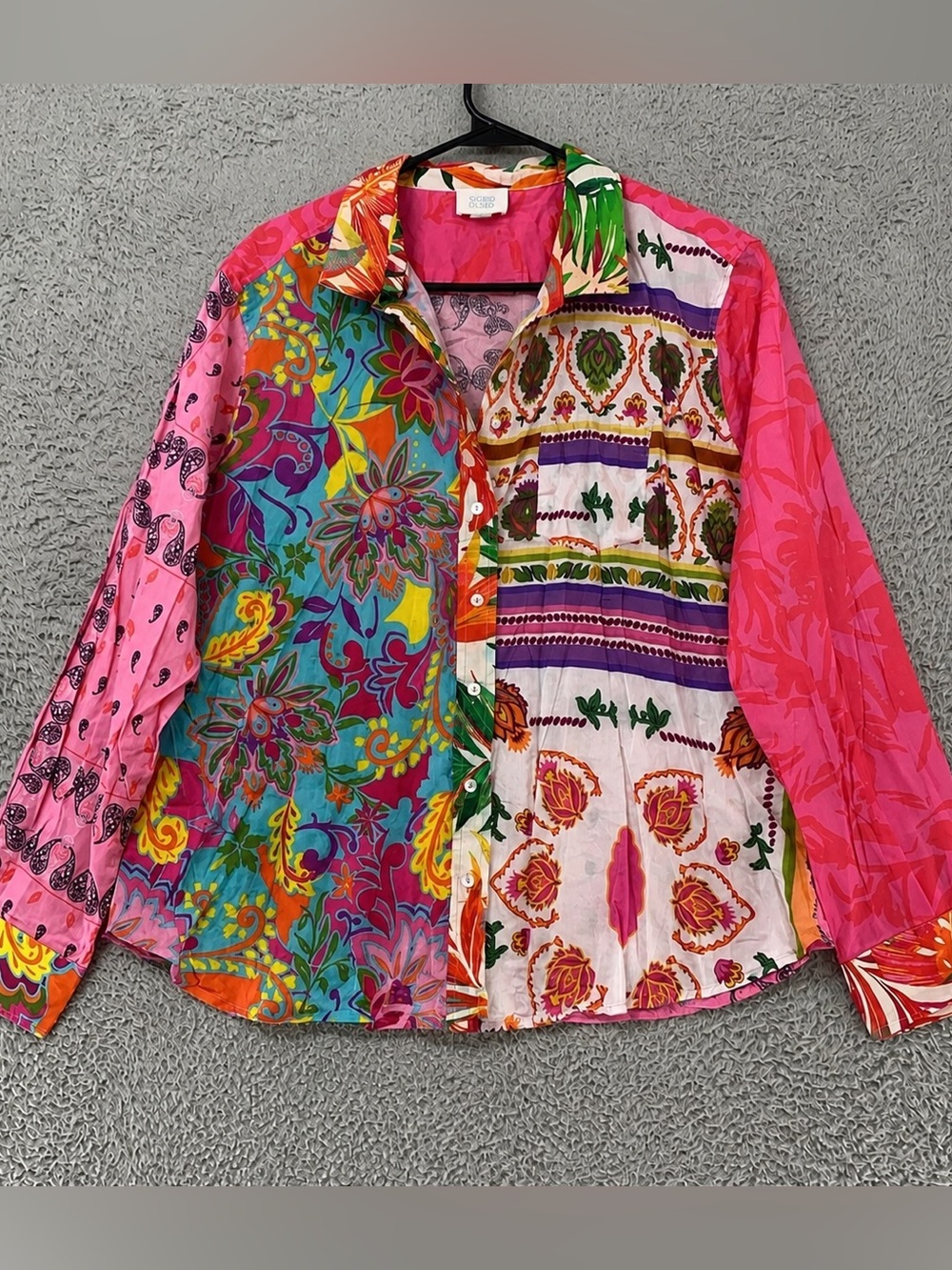 Sigrid Olsen Shirt Womens Large Patchwork Paisley Vibrant Multicolor Boho Cotton